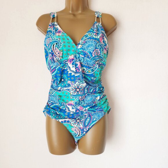 Spanx Love You Assets by Sara Blakely One Piece Slimming Swimsuit Paisley Blue - Picture 1 of 9